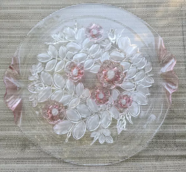 Vintage Large Platter Mikasa Rosella Pink Rose Frosted Crystal Walther Glass