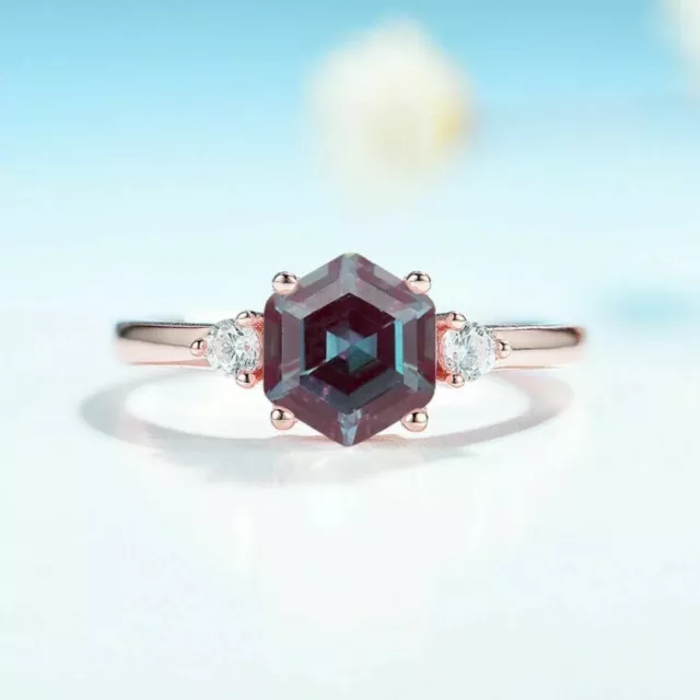 Naturel Alexandrite Fiançailles Bague Hexagone Coupe 925 Argent Mariage Bande