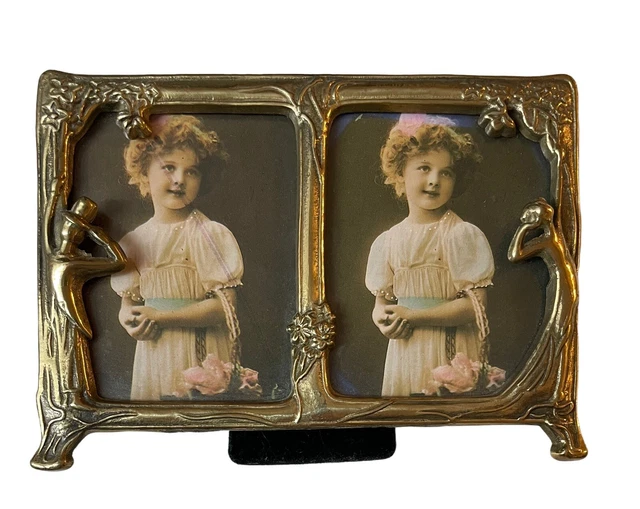 VINTAGE BRASS ART Nouveau Double Picture Frame Married Couple Man Woman ...