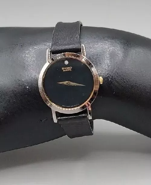 VINTAGE SEIKO DIAMOND Ultra Slim Watch Unisex Quartz Black Lizard