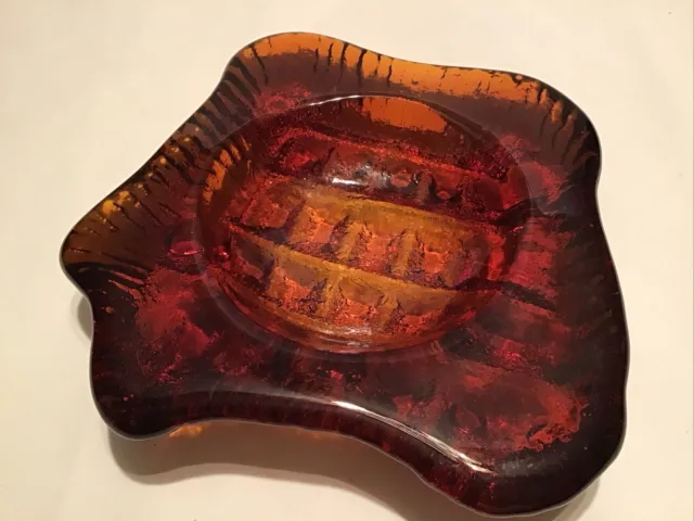 VINTAGE MCM Studio Art Glass Heavy Hand Blown Bowl Amber Orange Red Thick Large