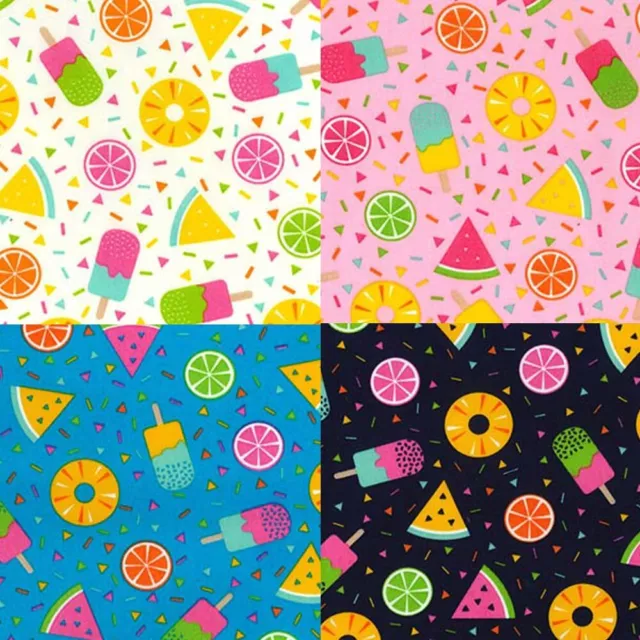 100% Cotton Poplin Fabric Rose & Hubble Tropical Pineapples Ice Cream Melon Food