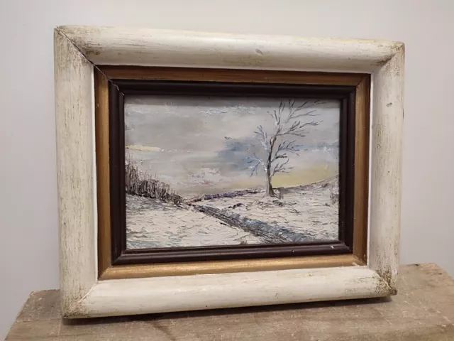 SUPERBE Petite Peinture Huile sur Toile encadré Tableau - Paysage Neige Hiver