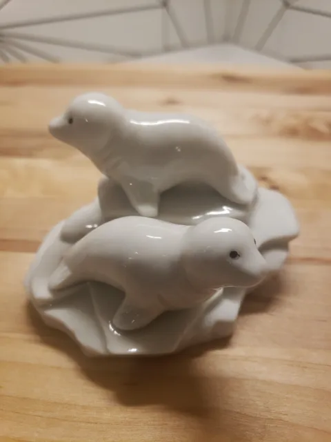 Vintage OTAGIRI Figurine 2 Baby Seals on Ice  Hand-Painted Porcelain Japan