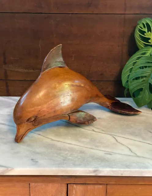 Vintage Wood Carved Dolphin Figure 12" Large Wooden Statue Figurine Decor