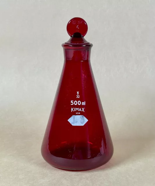 KIMAX Ruby Red 500 ML USA Erlenmeyer Conical Titration Flask Bottle Glass Lid