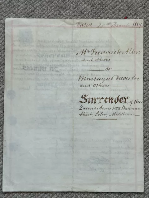 1889 indentured Property deed, Queens Hotel, no. 12 Bateman Street, Soho, London