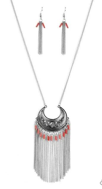 Paparazzi Long Necklace & Pierced Earring Set Silver-Tone Chains Orange Beads