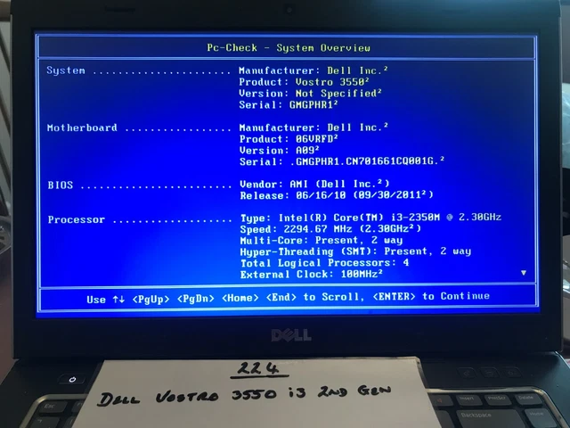 Carte Mère Dell Vostro 3350 Core I3-2350M Pour Pièces - écran Noir En Bas, Carte Mère Fonctionnelle