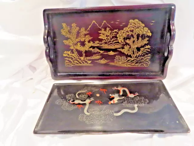 2 Vintage Oriental-1 Lacquered-1 Wood Rectangle Trays/See Pictures