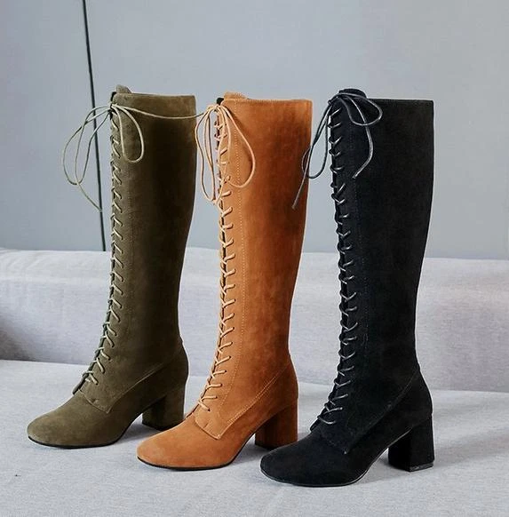 Womens Faux Suede Leather Mid Calf Boots Lace Up Block Heels Slim Leg Tall Shoes