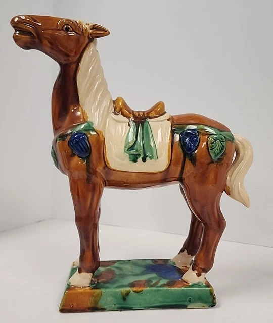 Beautiful VTG Chinese Tang Dynasty Majolica Sancai Drip Glaze War Horse 13x11 in