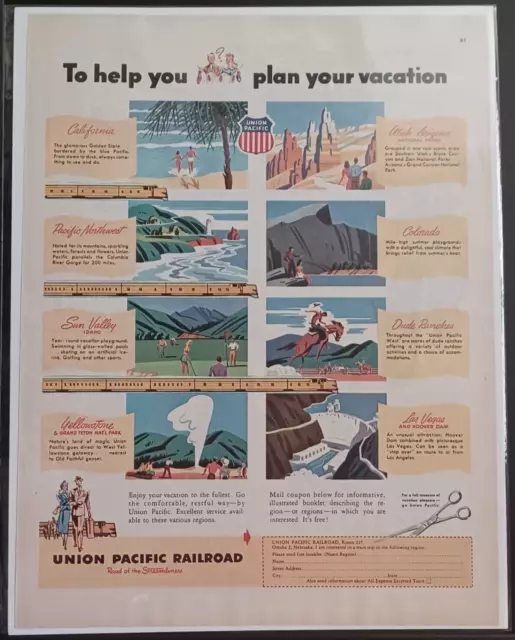 1949 Union Pacific Railroad Vintage Print Ad 1940s Vacation California Colorado