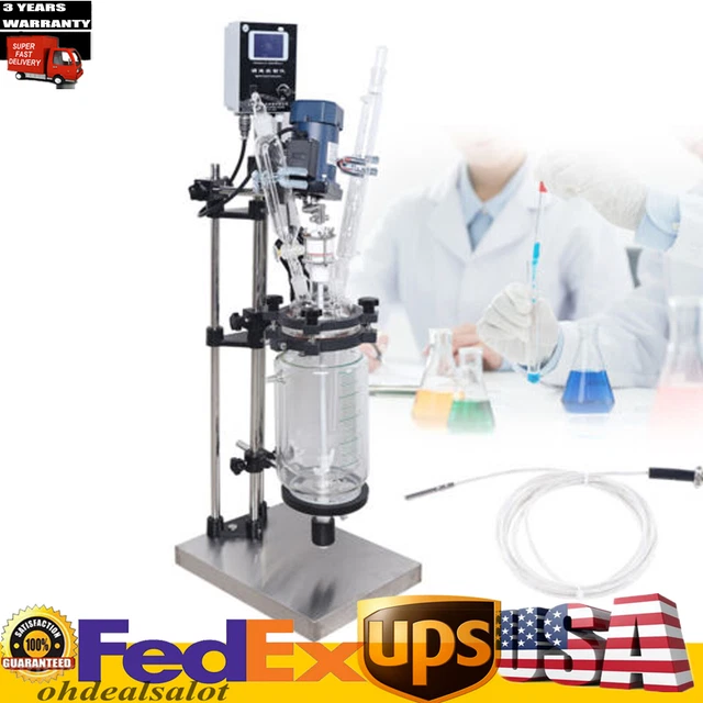 Lab Double Layer 3L Glass Reactor Jacket Reaction Vessel Digital Display 680/rpm