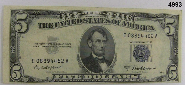 1953 A Silver Certificate Blue Seal $5 Note Crisp Xf+ #4993