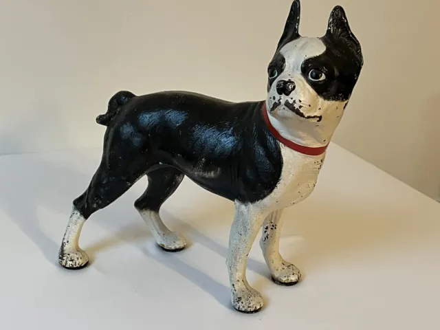 Vtg Right Facing Cast Iron Black And White Boston Terrier Dog Door Stop Statue