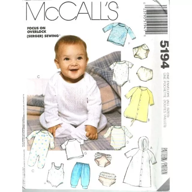 McCalls Sewing Pattern 5194 Infants Bunting Gown Bodysuit Jumpsuit Shirt