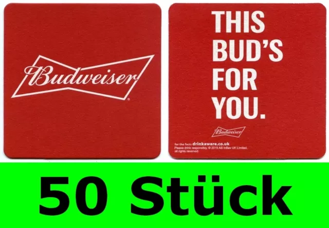 50 Stück Bierdeckel Budweiser Bud Anheuser Busch USA für Bar Party Theke Tresen