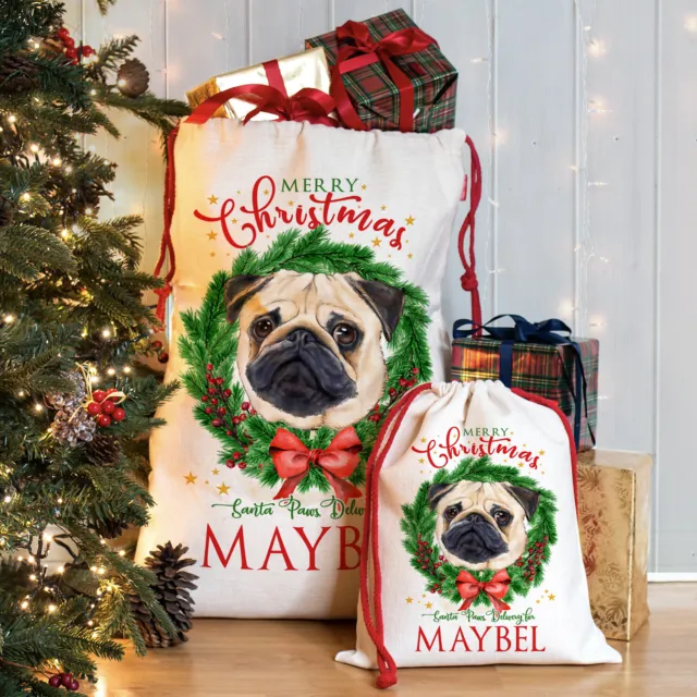 Pug Christmas Sack Personalised Dog Xmas Santa Bag Puppy Stocking Gift DWS43