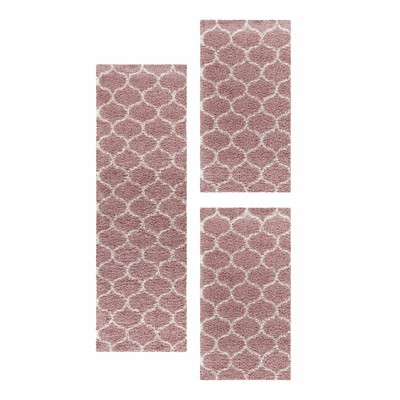 Shaggy Tappeto läuferset Tappeto Set Design tessera Tile Jacquard 3 PEZZI rose 