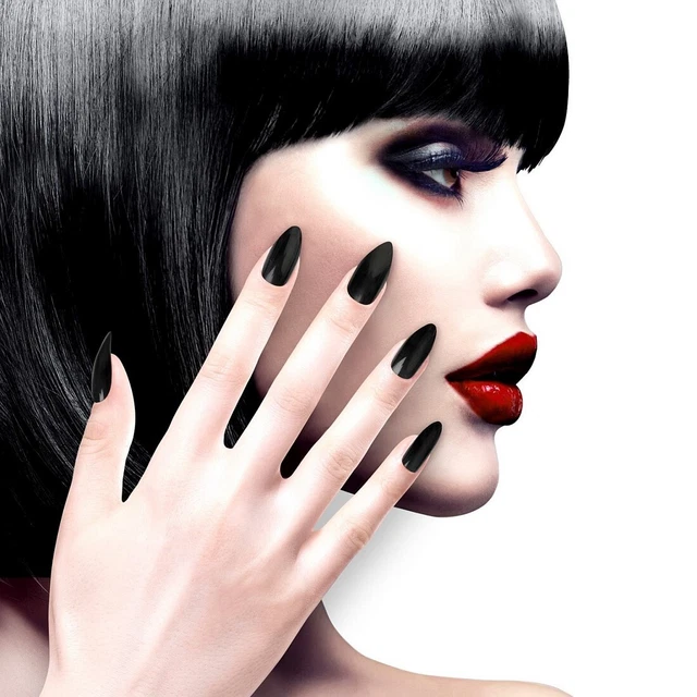 Halloween Finto Chiodi Mandel-Form Finte Stiletto-Nägel Gotico Vampiro Nero