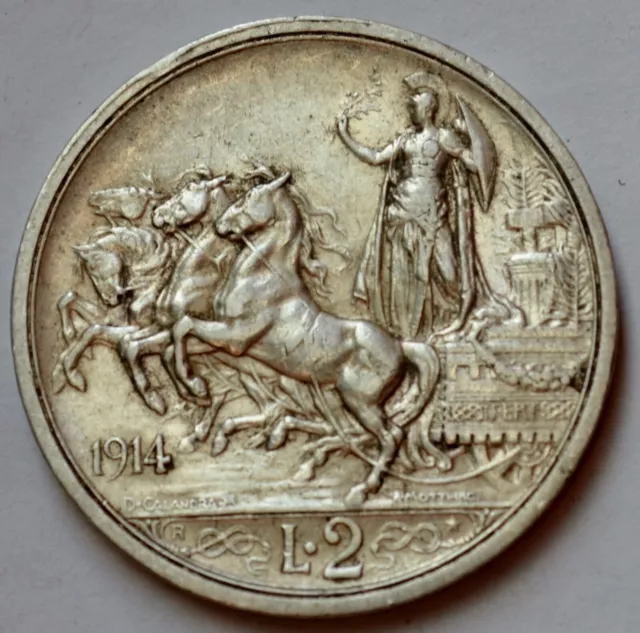 Italy 2 Lire, 1914, Quadriga, Vittorio Emanuele III, Silver coin
