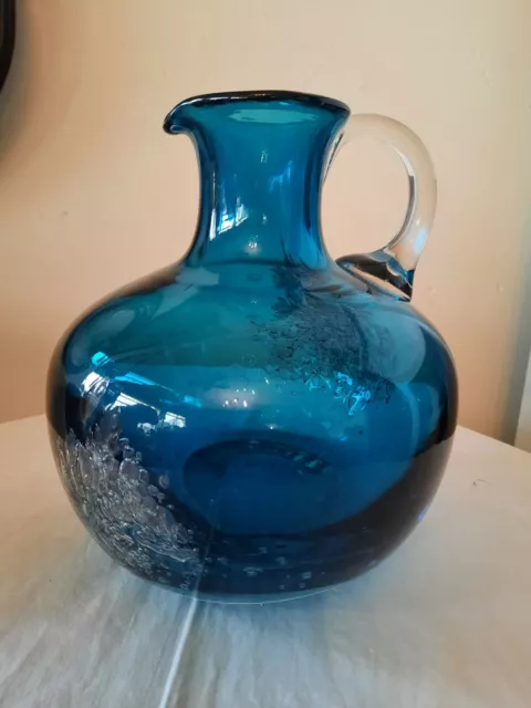 Vintage Design Glas "Schott Zwiesel"Henkelkrug-Vase in türkisblau 21cm groß