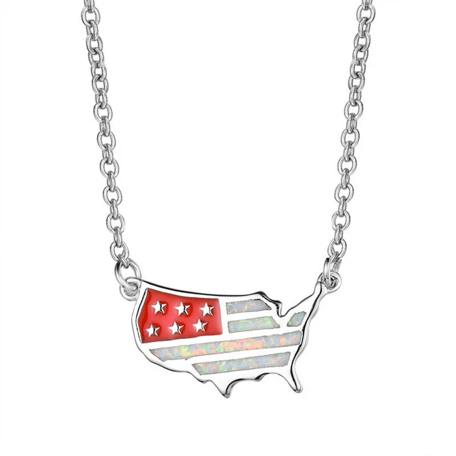 Fashion Personalized Us Flag Charm White Simulated Opal Silver Pendant Necklace