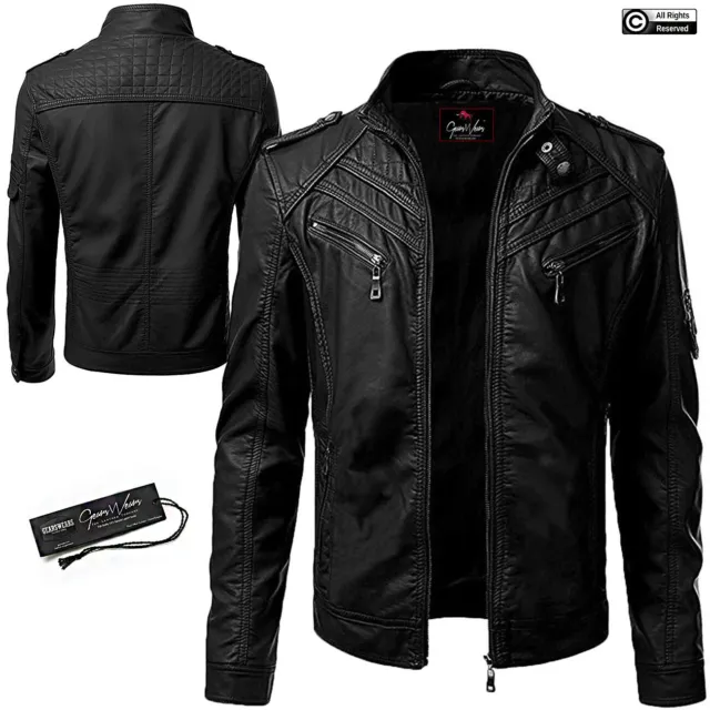 Mens Leather Jacket Biker Motorcycle Retro Classic Cafe Racer Genuine Leather