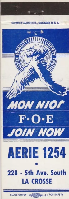 Vintage Matchbook Cover. Fraternal Order Eagles. Aerie 1254. La Crosse, Wi.