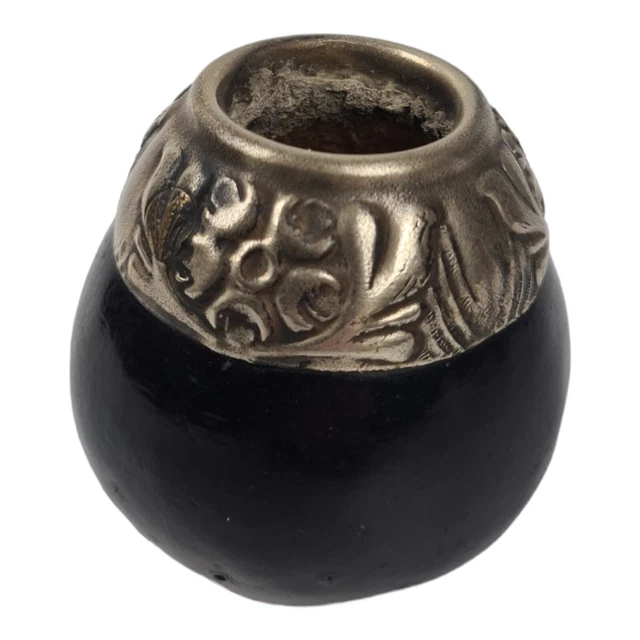 Antigüedad Vintage Argentina Calabaza Mate Con Bordo en Metal Alpaca Rara