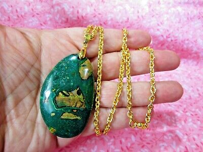 Genuine Green Jasper Pendant w/ 24" Gold Plated Stainless Steel Necklace / L