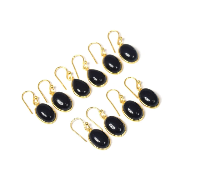 Wholesale 5PR Sterling Silver 24ct Gold Overlay Black onyx Hook Earring Lot T526