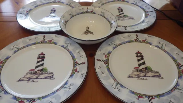 Coastal Lighthouse Dinner Plates and 1 Bowl EUC Retired Totally Today