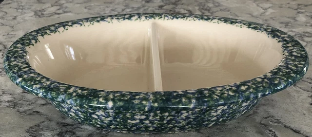 RARE VTG 12” X  8.75” Gerald E Henn Blue & Green Doublesponged Divided Casserole