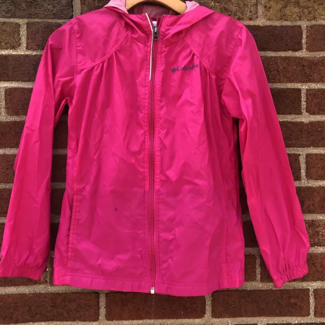 COLUMBIA Girls Full Zip Hooded Windbreaker Jacket Pink Size Medium 10/12