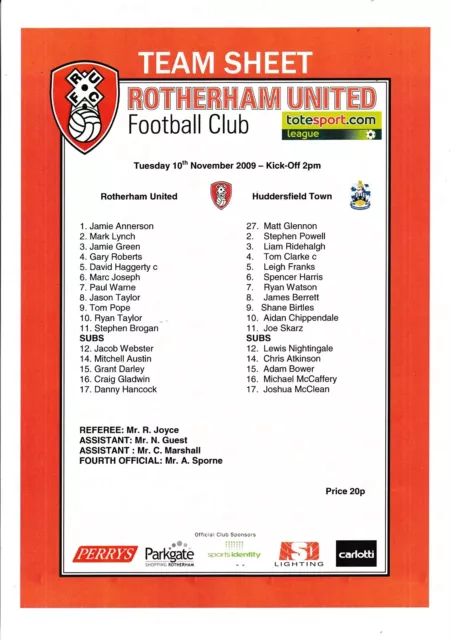 Teamsheet - Rotherham United Reserves v Huddersfield Town Res 2009/10 (10 Nov)