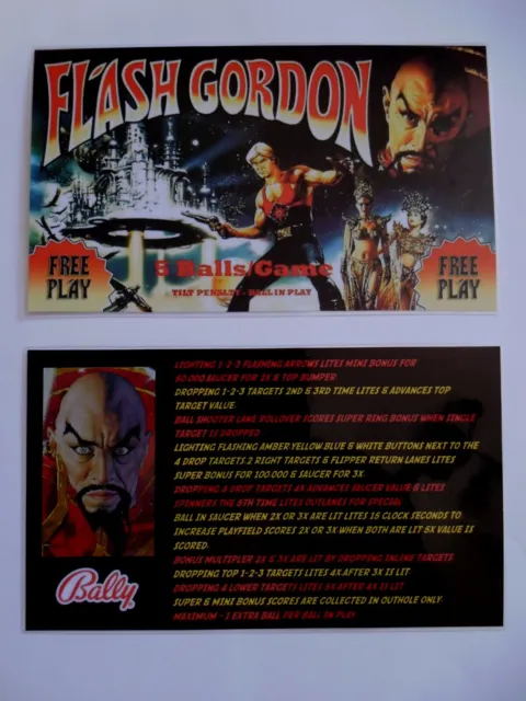 * * 'FLASH GORDON' Bally 1981 Tarjetas de instrucción/delantal personalizadas * (Nuevo)