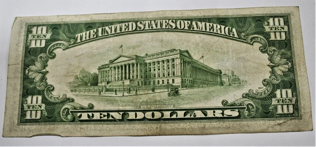 1934 Ten Dollar Gold Seal Silver Certificate! Serial#B 00795993 A! Vf Condition! 2