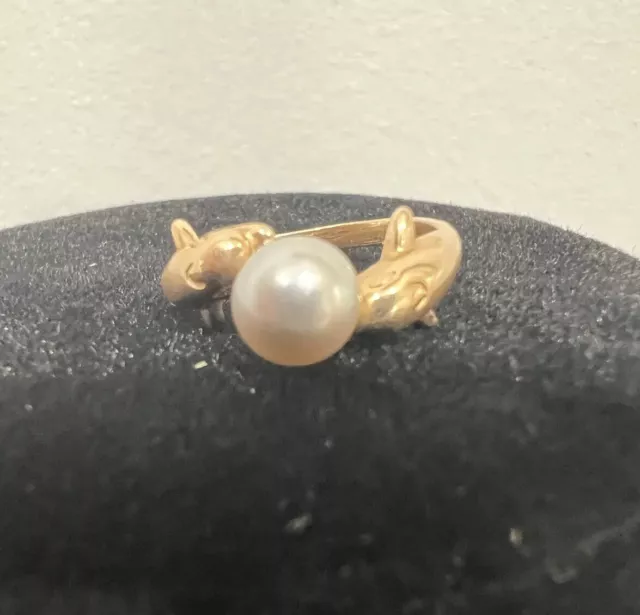 14k Solid Yellow Gold Natural Cultured  Pearl Ring Dolphin Design Size 7