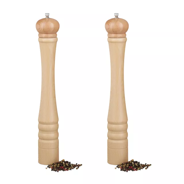 Lot de 2 Moulins à Poivre Sel Épices Nature 40cm en Bois et Meule en Céramique