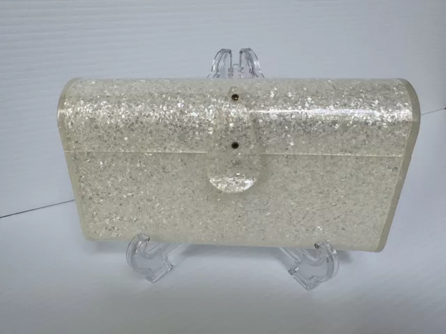 Vtg Wilardy Lucite & Glitter Clutch Purse Gold Bronze Tone Hinged Hardware MCM