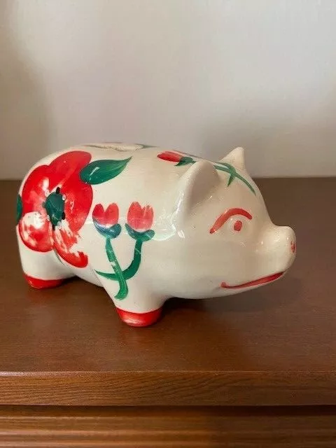 Small Vintage Hand Painted Ceramic Piggy Bank Red and Green Flowers GUC