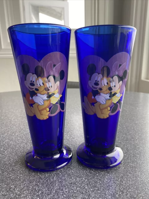 Disney Set Of Cobalt Blue Tall Glasses Mickey, Minnie, & Pluto “Friendship”