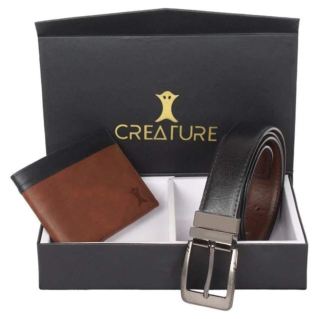 Combo Juego Nuevo HOMBRES Marrón Color Cuero Plegable Cartera Y Negro Correa De