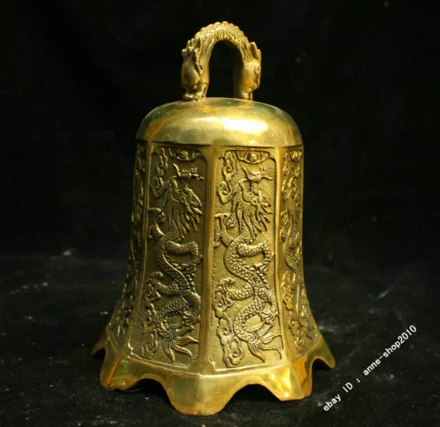 China Tibet Buddhism Temp Brass Bronze Scripture Dragon Bell pendulum sculpture