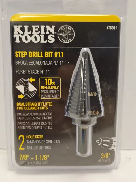 Klein Tools KTSB11 #11 Double Fluted Step Drill Bit 2 Hole Sizes ⅞-1⅛