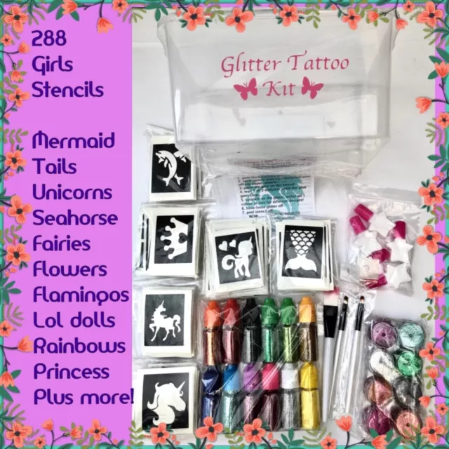 GIRLS GLITTER TATTOO KIT 20 glitter OR REFILL ITEMS DROP DOWN MENU 290 stencils