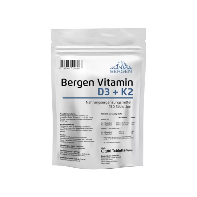 Vitamin D3 5000 IU & Vitamin K2 200mcg MK-7 Menachinon-7 D3 I.E. 180 Tabletten