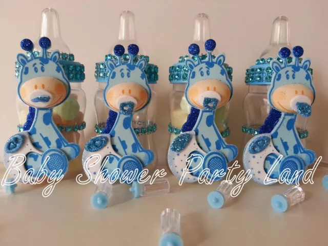 12 Blue Giraffe Fillable Bottles Baby Shower It's a Boy Favor Game Safari Jungle